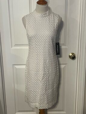 Sharagano White Sleeveless Eyelet Stretch Midi Dress